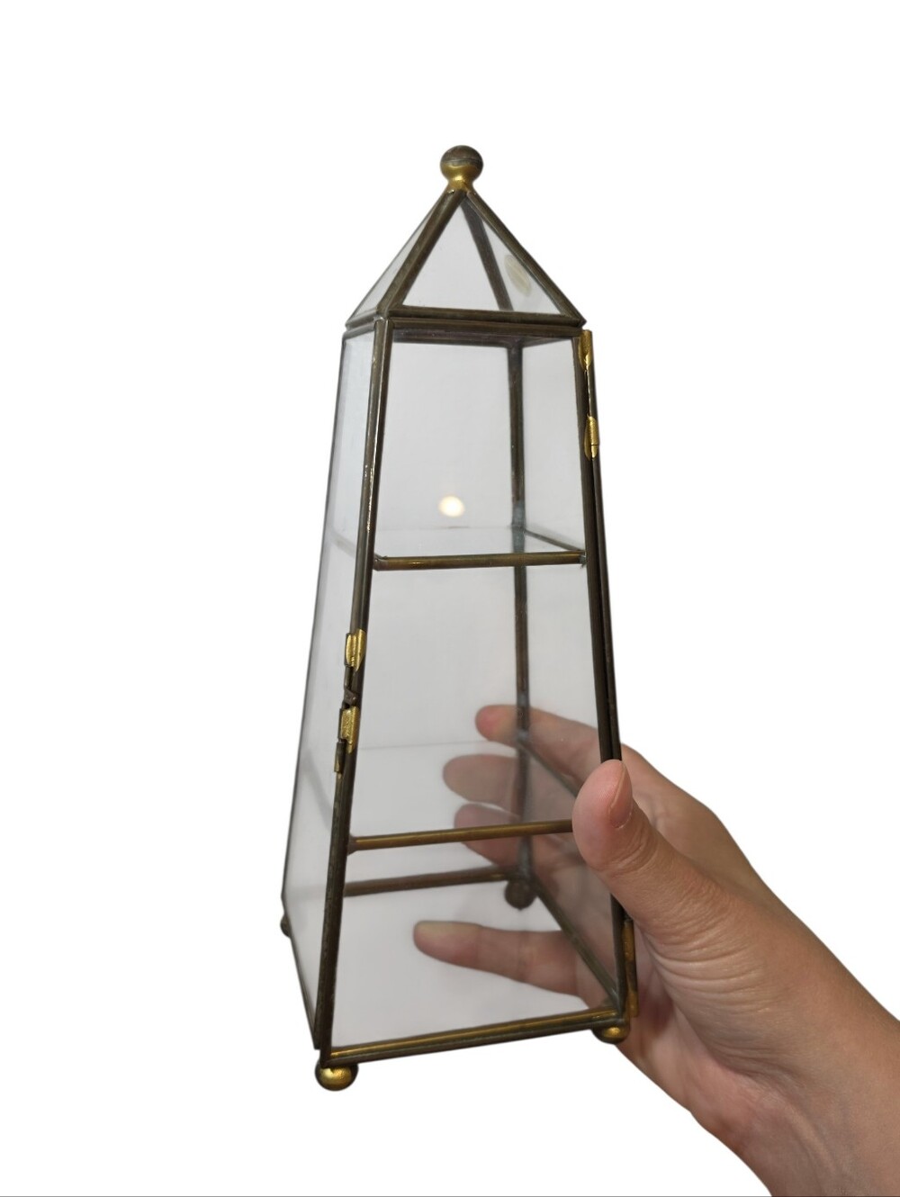 Vintage Brass & Glass 9.5" Obelisk Pyramid 3 Tier Curio Cabinet